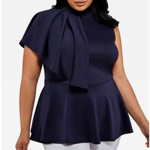MOCK NECK PEPLUM TOP WITH RUFFLE